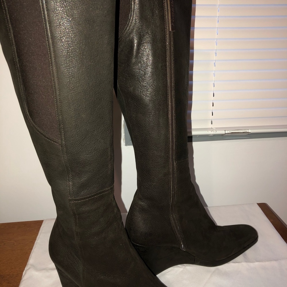 Prada Brown Leather Knee High Wedge Heel Boots - Picture 6 of 6